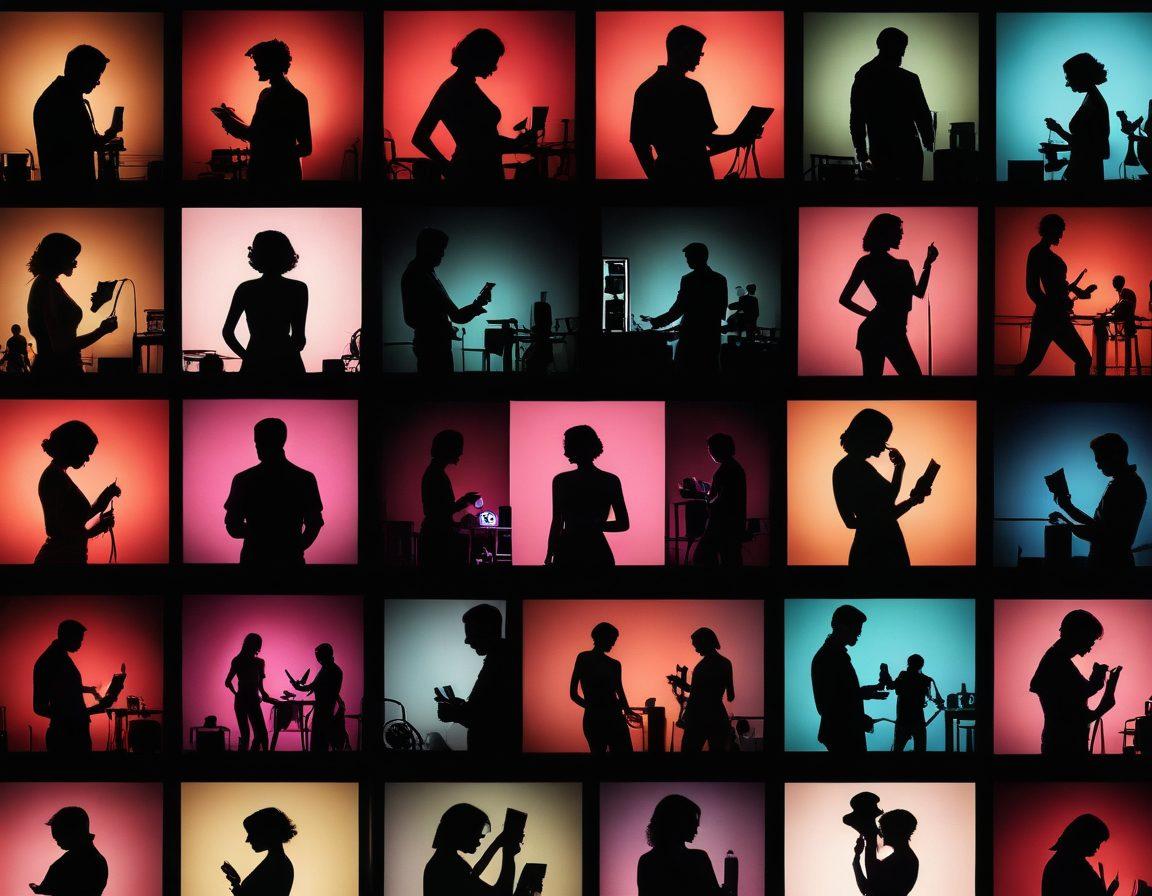 A dynamic collage depicting the evolution of adult content, featuring vintage film reels transitioning into modern digital screens. Integrate silhouettes of diverse individuals in intimate poses symbolizing inclusivity, with soft lighting enhancing the sensuality. Show elements like a blurred red-light district in the background merging with contemporary apps on devices. The atmosphere should be atmospheric yet respectful. vibrant colors. surrealistic.