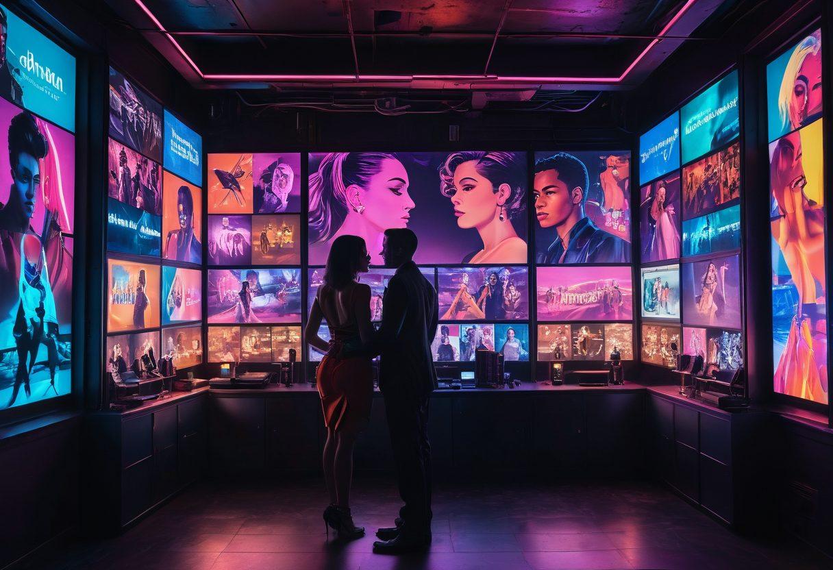 A captivating scene depicting an abstract evolution of intimate media, featuring a blend of vintage adult film reels transitioning into digital screens displaying modern adult content. Incorporate silhouettes of diverse couples embracing, symbolizing inclusivity and intimacy amidst a backdrop of vibrant neon lights. The colors should be rich and captivating, evoking a sense of sensuality and evolution. The style should be a blend of cyberpunk and surrealism.